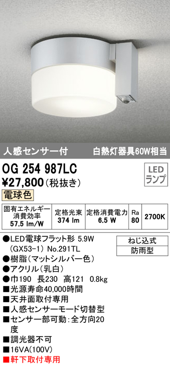 オーデリック ポーチライト OG 254 980LC 別売センサ対応 - 3